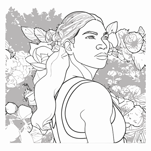 SERENA WILLIAMS png outlined vector for coloring with backgroung flowers, planets and nature