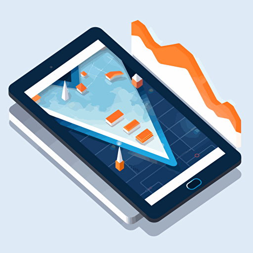 flat vector icon, ruggedized tablet ontop of a map of the united states, blue and orange and white and dark gray, isometric
