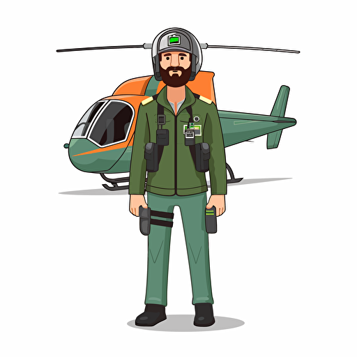 with sunglases. man with beard in a helicopter uniform and wearing a helmet standing in front of a green helicopter. vector. white background. no background