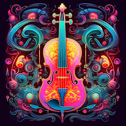 a violin, surrounded by elegant musical motifs, 2d vector, neon colours, epic composition, vector design on the edges of the image