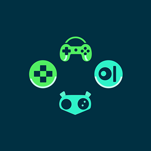 logo design for a Video Game company, minimalist, flat, modern, vector, 2D, icon, black, Blue, green, video game controler, boxes, cash, simple, happy vibes, vibrant