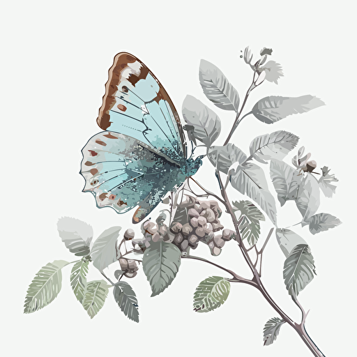 butterfly with pastel blue tone on a leaves branch, small flowers | SETTING: white background | COLOUR: soft pastel | STYLE: vector, soft etch, v