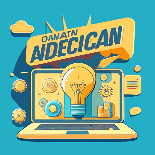 Demonstration of online advertising, flat style illustration for business ideas, flat design vector, industrial, light and magical, high resolution, engineering/ construction and design, colored cartoon style, light indigo and light gold, cad( computer aided design)