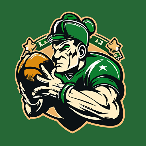 A Boston-themed fantasy football logo (content: a stylized, muscular leprechaun wearing a football helmet, carrying a football under one arm, and standing on a shamrock) (medium: vector illustration) (style: combining classic Irish symbolism with a modern, edgy sports aesthetic) (colors: featuring Boston's signature green, gold, and white color scheme) (composition: use a dynamic pose for the leprechaun, with the shamrock and city name incorporated to create a cohesive, striking logo that captures the spirit of Boston).