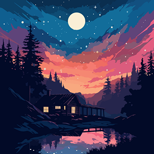 stary night, light lofi music, and bornfire, minimal, vector, illustration, swiss poster style