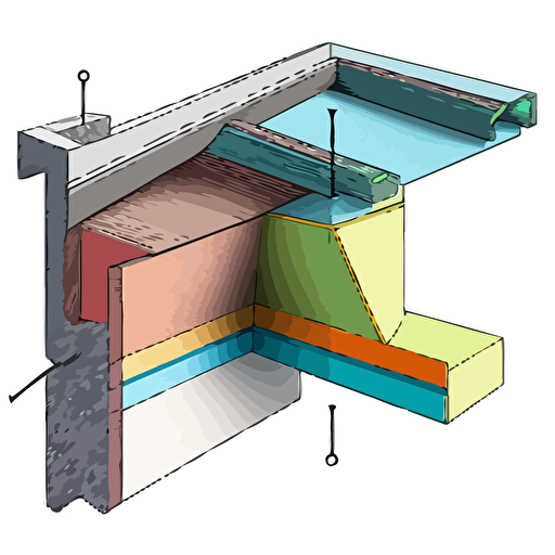 an architectural axonometric vector colored line drawing showing proper saddle flashing details at a beam-to-wall connection
