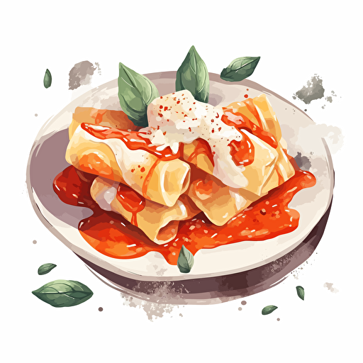 a plate of delicious rigatoni pasta with red sauce and dollops of mozzarella, in watercolor style, as a die-cut sticker design, vector format, on a white background. The watercolor style is loose and flowing, with a focus on blending and texture, and the colors are vibrant and fresh.