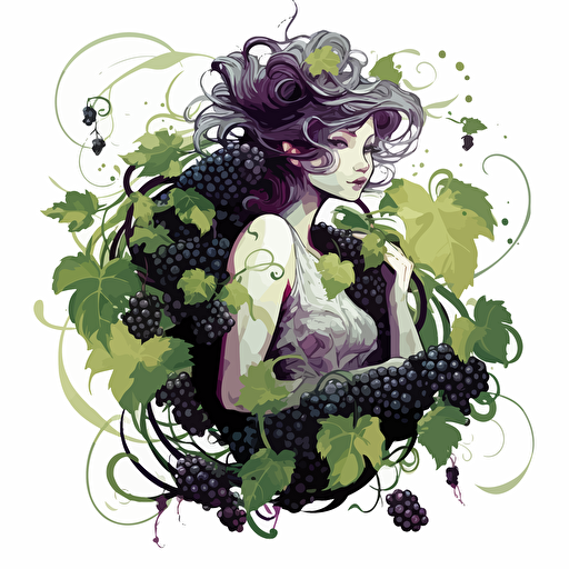vector image with white background, blackberry vines, fae, magical, sparkles