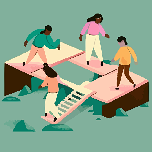 four diverse indians in pastel color outfits, trying build a bridge which is broken, vector style