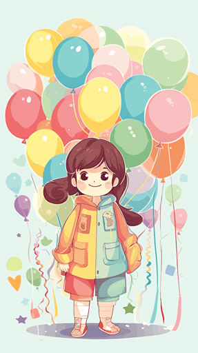 an adorable cute little girl in labor's working suit, her hand holding a banquet of rainbow color balloons, art flat vector illustration,
