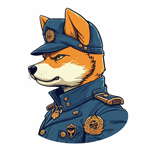 2/3 left side profile shot, cartoon 2d, Shiba inu soldier outfit,anarchist, blue eyes, cartoon anime, colors, Vector illustration, white background