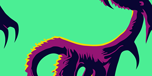 a cartoon vector style illustration of a scary monster with big teeth and lots of arms, goth punk style, neon green and purple, grainy texture