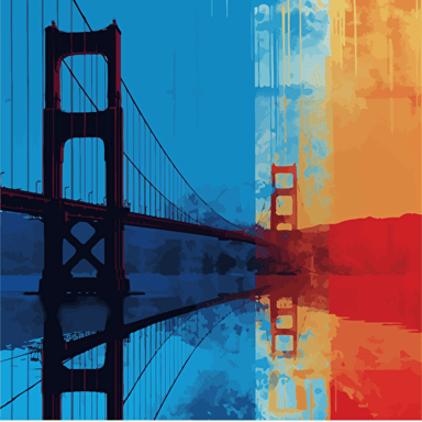 vector art colorful, san francisco golden gate bridge, 2 colors, blue shadows , 2d, contrasty shadows, silhouette