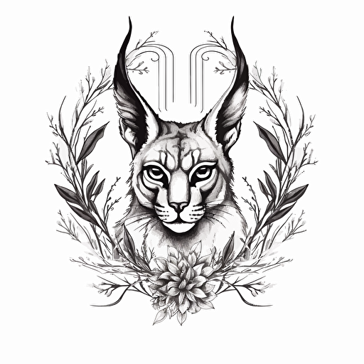 un vector d'un dessin de tatouage netroditionnel represantant un caracal avec de la vegetation autour. Image a plat avec lignes noir sur fond blanc