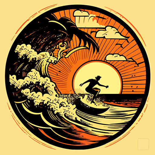 retro vector illustration, sunset and surfer on wave, circle composition, 1970s, comic book