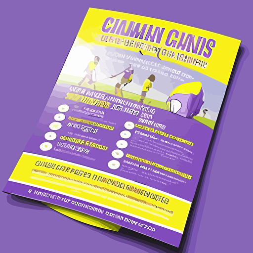 design a fun and engaging single sided A5 flyer for a children sports coaching company promoting their summer sports camp. Brand colours are purple, yellow and white. Include images/vectors of children playing, space for details, pricing, venue, time, booking info etc
