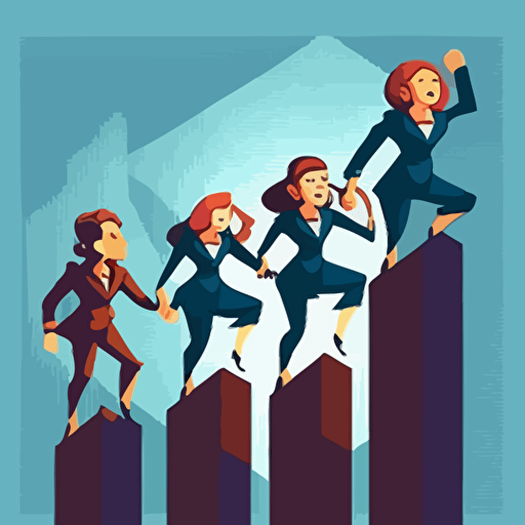 Four women in business suit climbing primate, detaillierte vector illustration