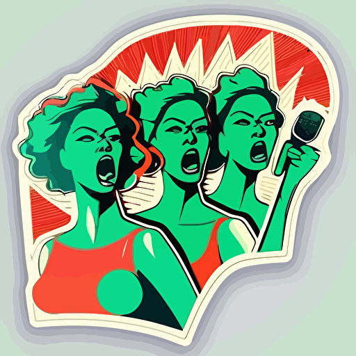 a die-cut sticker representing three diverse women of different ages and body shape demonstrating with a loudspeaker and their fist in the air, vector corporate art