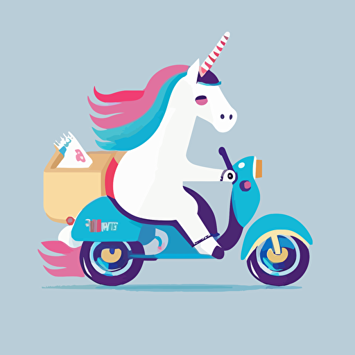 unicorn delivers on a motorcycle, simple flat style, picture, cartoon, vector, white background