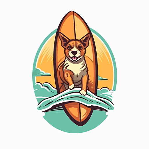 a dog riding a surfboard, vector logo, vector art, emblem, simple, cartoon,2d