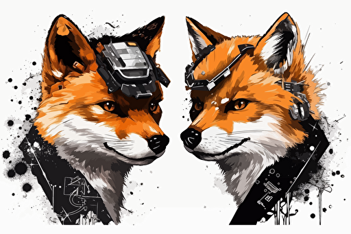 white background, Create an image of a massive battle between two different states shiba inu cyber punk and fox dark shiba inu outfit battle, anime background, vector, greekpunk, marvel style