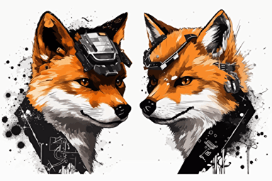 white background, Create an image of a massive battle between two different states shiba inu cyber punk and fox dark shiba inu outfit battle, anime background, vector, greekpunk, marvel style