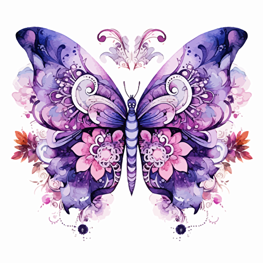 whimsical floral butterfly design in Puple, watercolor, detailed, vector