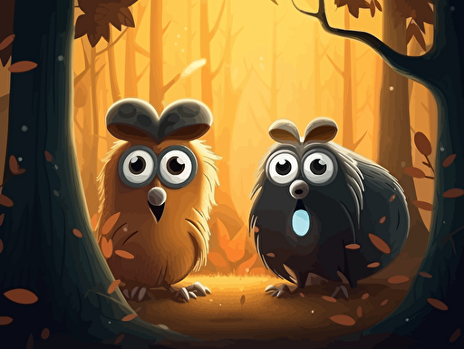 Vector illustration of 2 scared squirrels in front of a giant black spider from a magical wood. pixar animation, cute, magical wood background, beautifull lighting, soft color, yellow glowing flowers,