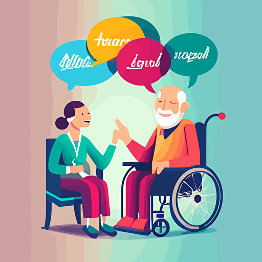 nurse, elderly man, wheelchair, happy, speech bubble, network, vector, communication, interconnectedness, warm, positive