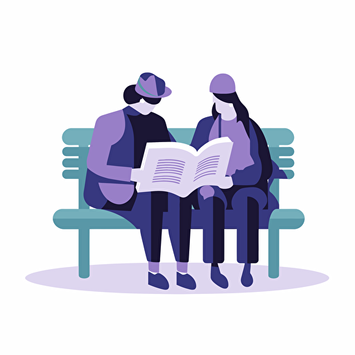 two people sitting on a bench each reading a book. Artsy flat vector illustration, light purples, white background