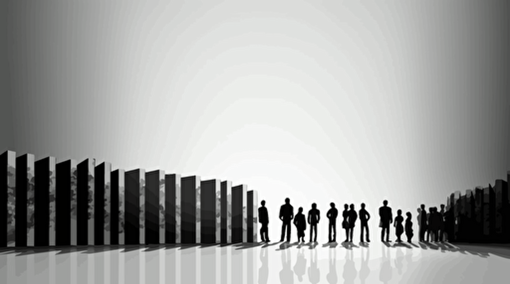 A black and white vector, a row of people fall as dominoes in a Domino Effect