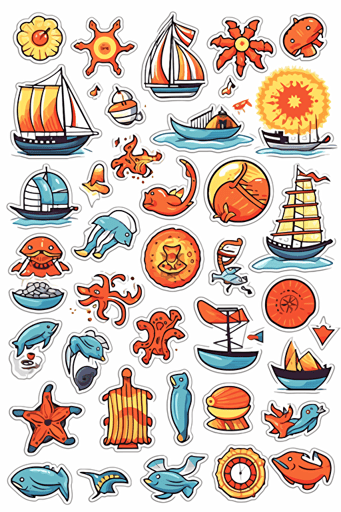 collection of stickers with outline, vector design, marine elements, boats, anchor, sea shells, crab, sun, minimalistic style, white background