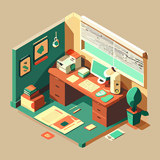 a post office desk viewed from above in a flat vector art style