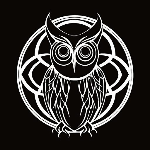 [simple, geometric mascot] iconic logo of [owl meditation], [white] vector, [black] background