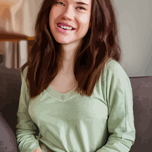 render april cute 3d young woman long shiny bronze brown hair round face green eyes medium skin tone light cute freckles light blush smiling softly wearing casual clothing relaxing couch interior lighting cozy living room background medium shot mid shot hyperdetailed hyperreal trending artstation unreal engine 4k