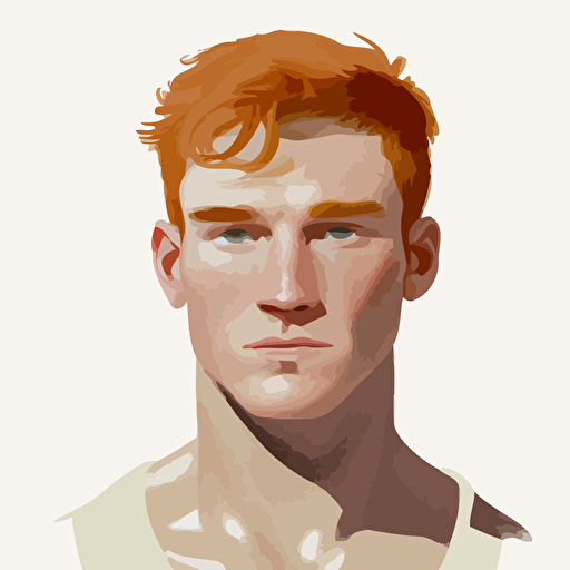 Young man, brown eyes, tapered strawberry blonde hair, no other distinctive features, focused stoic demeanor, athletic, meditation, headshot, muted colors, simplistic, vectorized