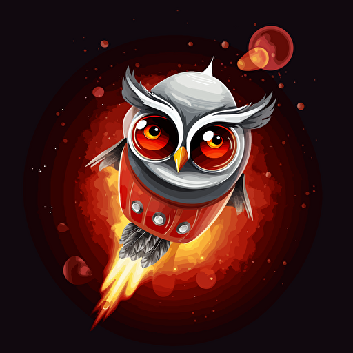an owl riding on top of a silver rocket with a red nose cone and a blast of fire coming out its engine in space, illustrated, vector art