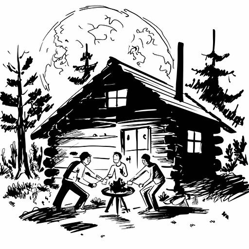 cabin, "people playing games":2, logo:3, black white drawing, vector