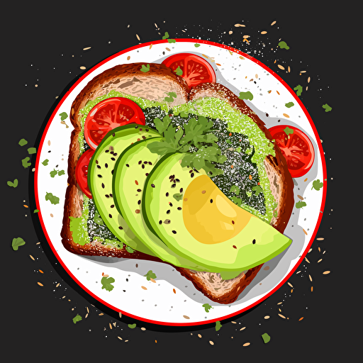 top-shot of: Avocado Toast with Bread, Avocado, Salt, Pepper, Lemon juice. black, white green, red vector design, raster work,