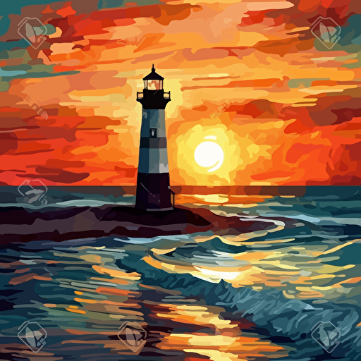 Abstract sunset, new england seacoast beach, ocean, Lighthouse offf in the distance, rex ray + van gogh style, vector design, HDR