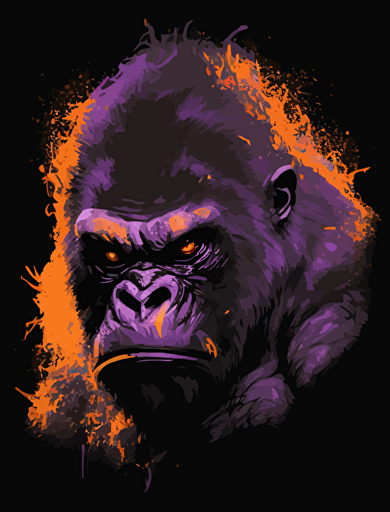 a vector drawing of an angry gorilla face with purple and orange highlights, 300 dpi