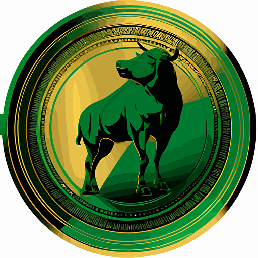 Green 2 circle, coin inspired with golden wall street Bull silhouette inside, vector.