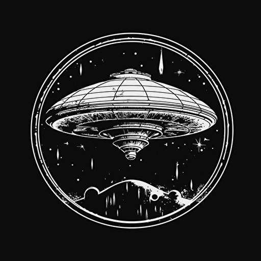 ufo, black and white, no color, heavy shadows, sticker, vector