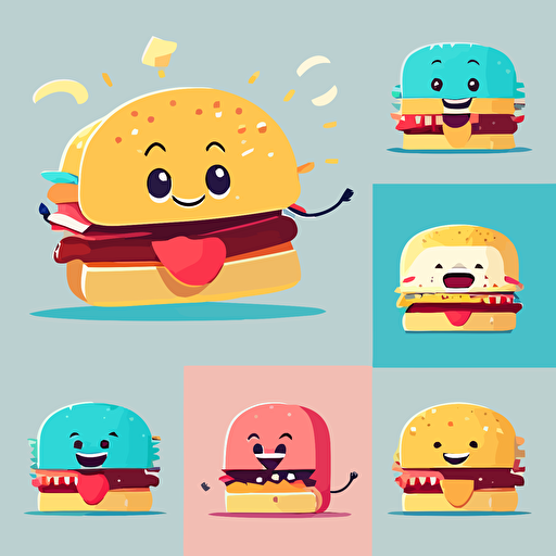 burger, multiple angle ,children's book illustration style, simple, cute, full color, flat color,vector