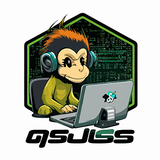 a mascot logo of a monkey wearing sungless and hacking on a computer, simple, vector