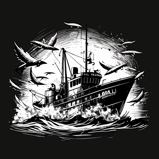 fishing ship monocrome comic vector style minimalistic