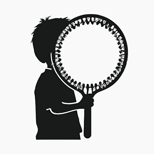 a logo of child silouette holding a tennis racket, black and white, low detail, smooth line, flat, vector