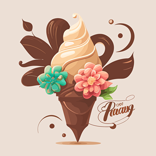 vector logo, cartoon chocolate soft serve swirl, with 3 flowers coming out, as if the soft serve is the vase for the flowers