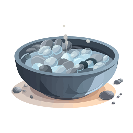 vector art illustration of a water soup with grey pebble stones in it for a kids book, white background,