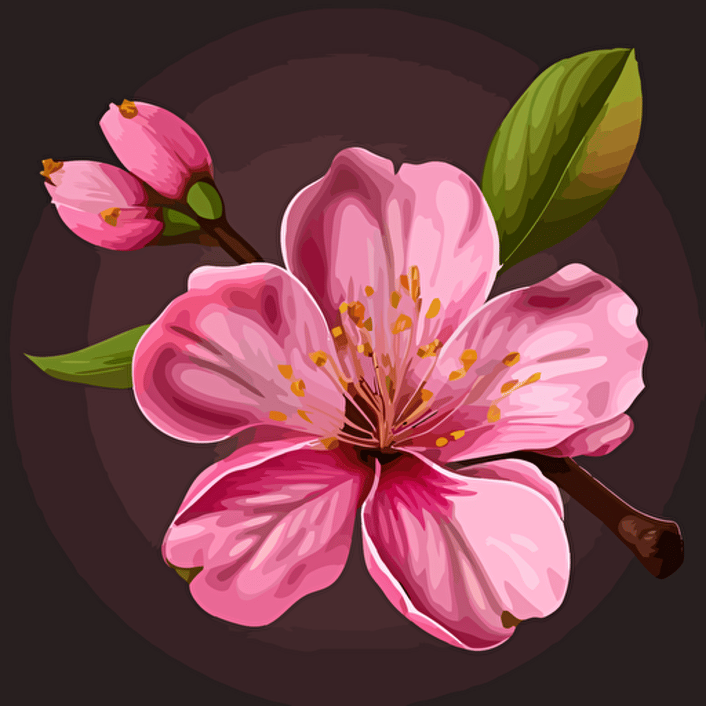 One prunus persice flower in dark pink, no background, vector, background has shade #1B110B